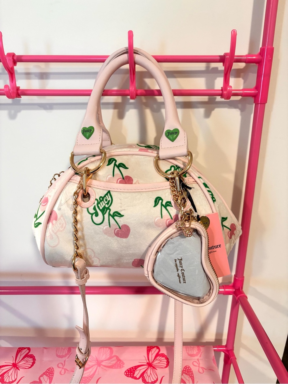 Juicy Couture Cherry Print Velour Satchel Crossbody Bag NWT Y2K